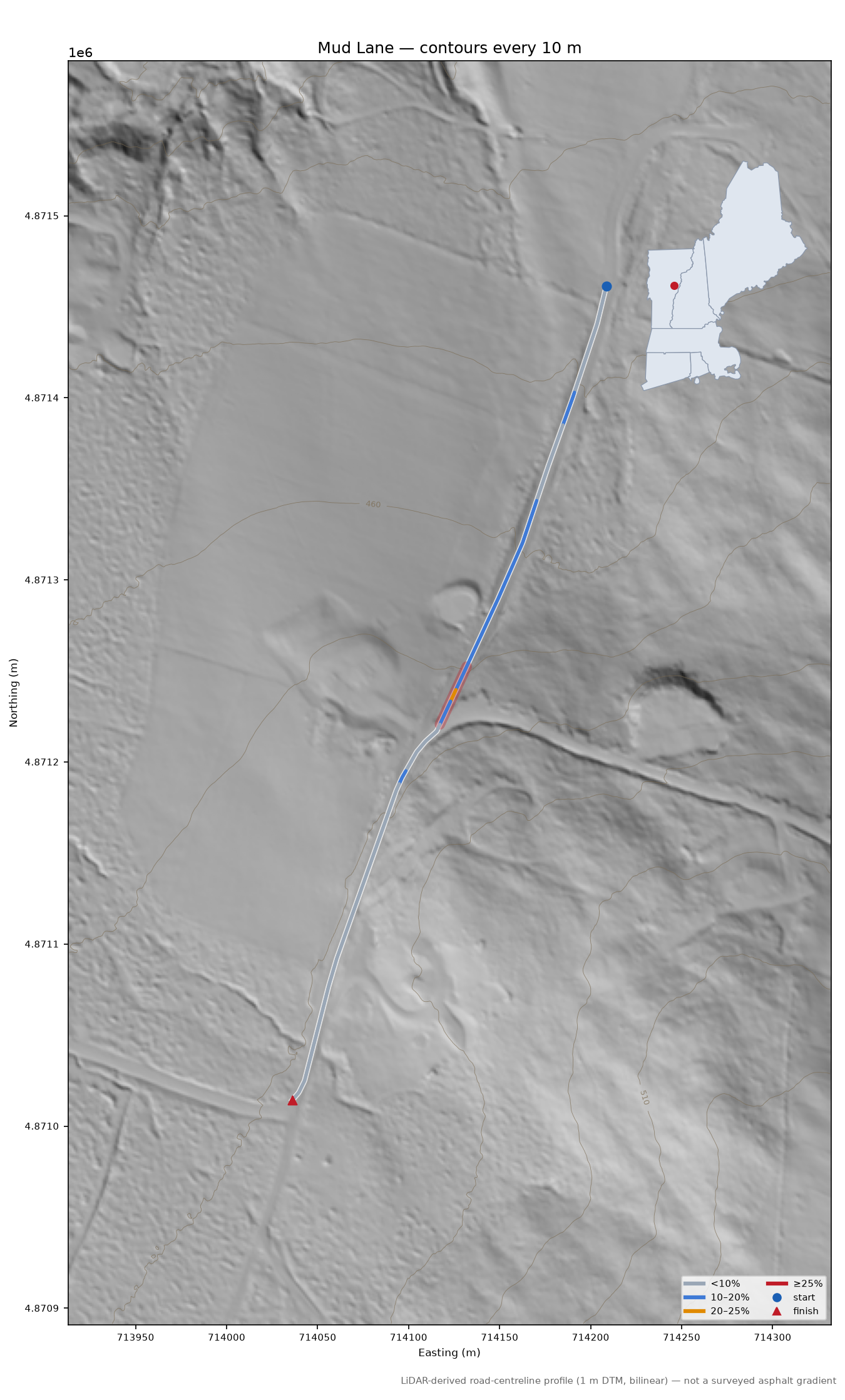 Mud Lane LiDAR hillshade map with contours