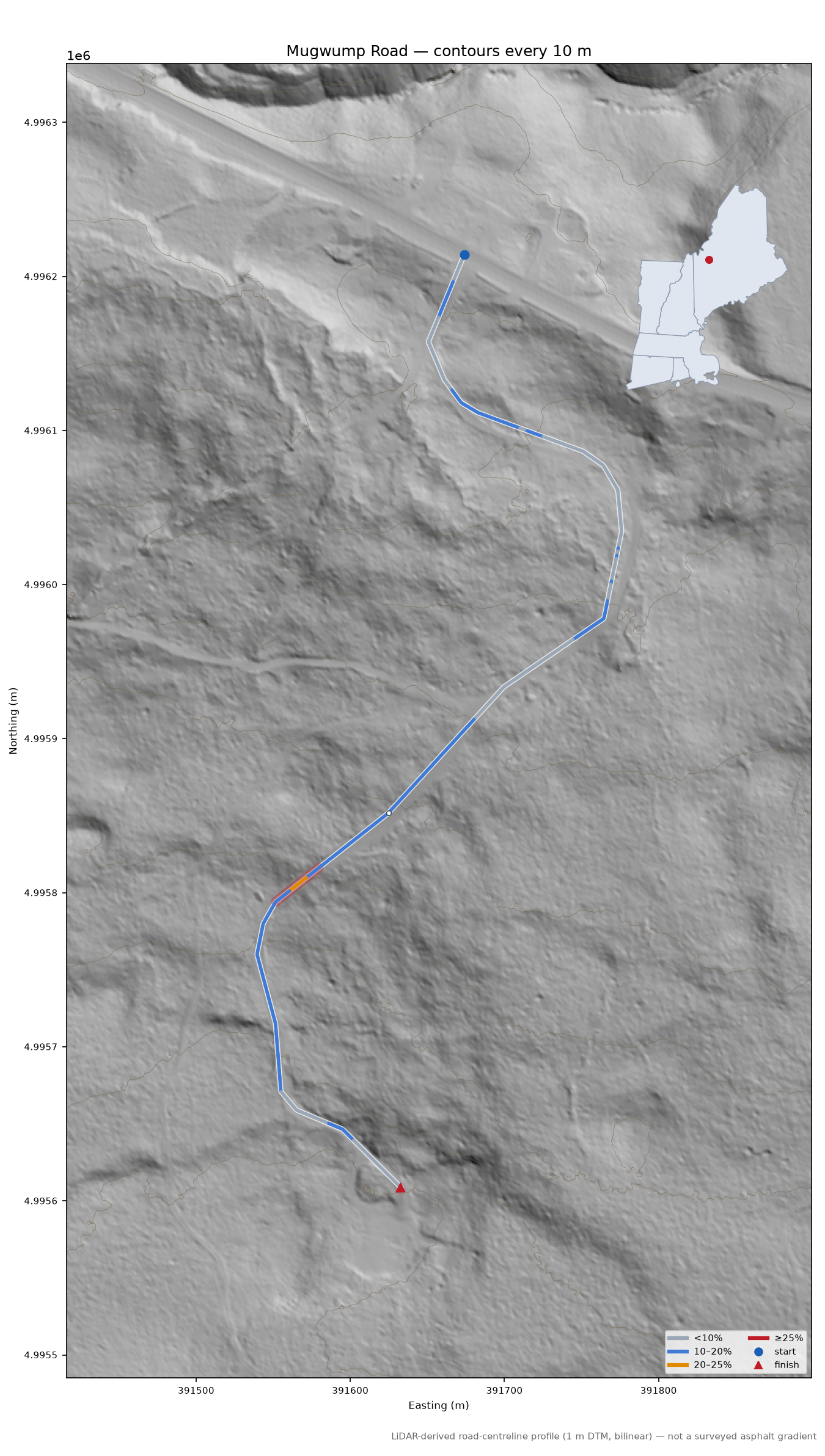 Mugwump Road LiDAR hillshade map with contours