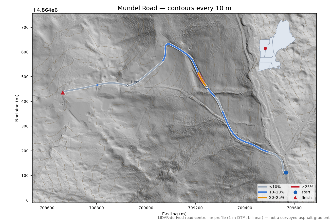 Mundel Road LiDAR hillshade map with contours