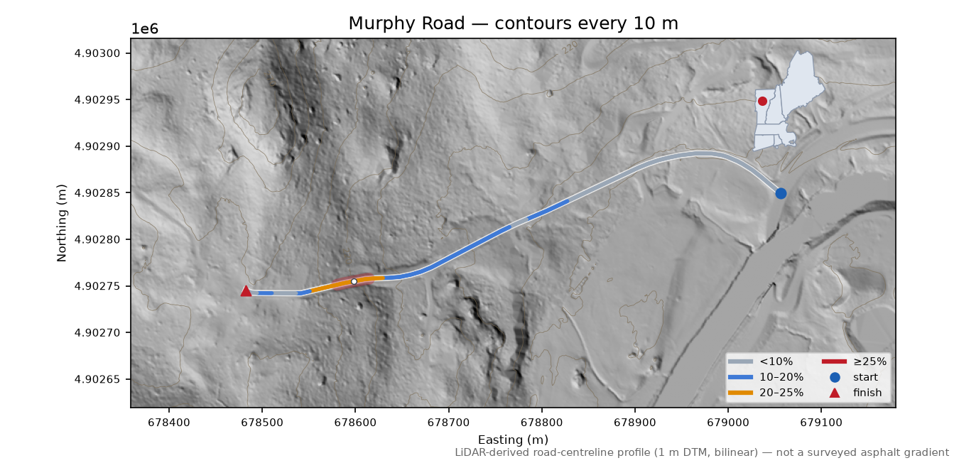 Murphy Road LiDAR hillshade map with contours