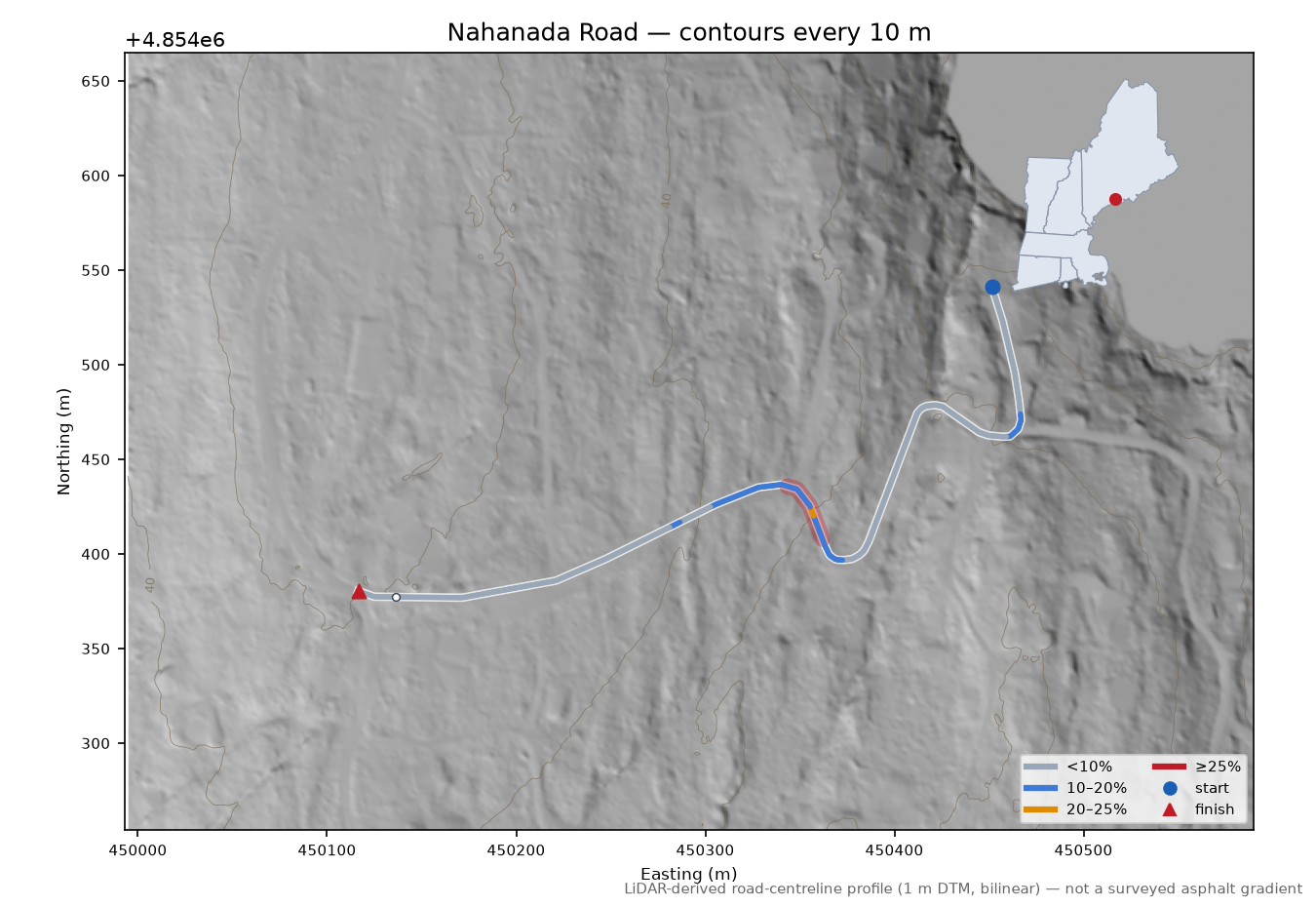 Nahanada Road LiDAR hillshade map with contours