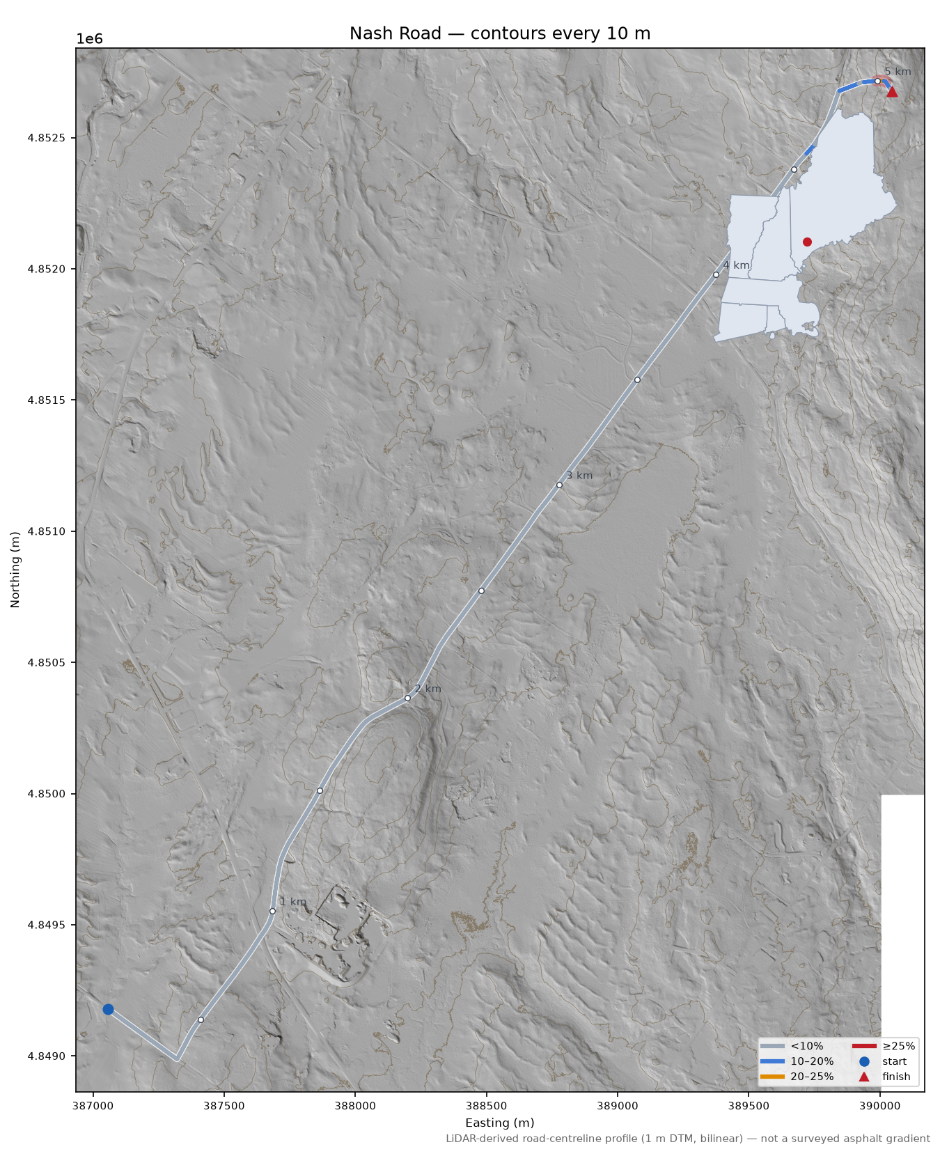 Nash Road LiDAR hillshade map with contours