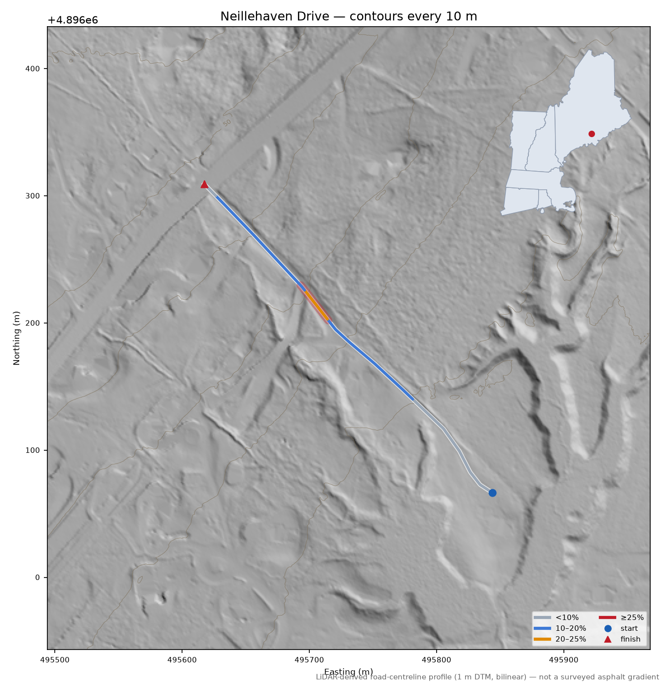 Neillehaven Drive LiDAR hillshade map with contours
