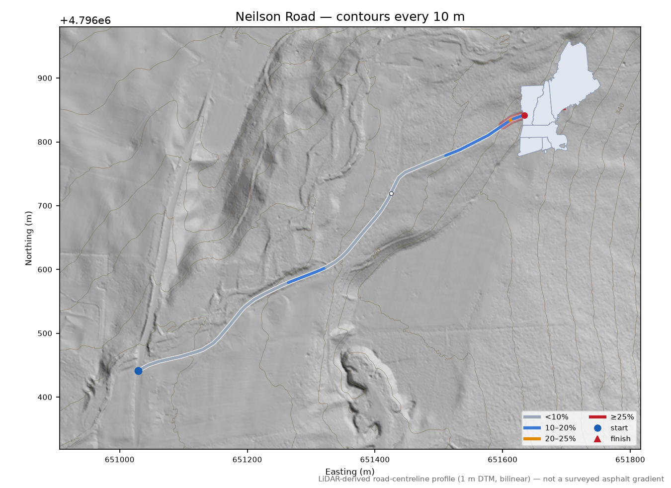 Neilson Road LiDAR hillshade map with contours