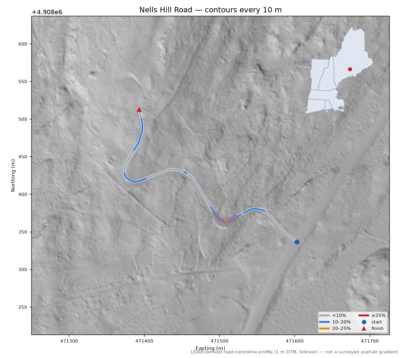 Nells Hill Road LiDAR hillshade map with contours