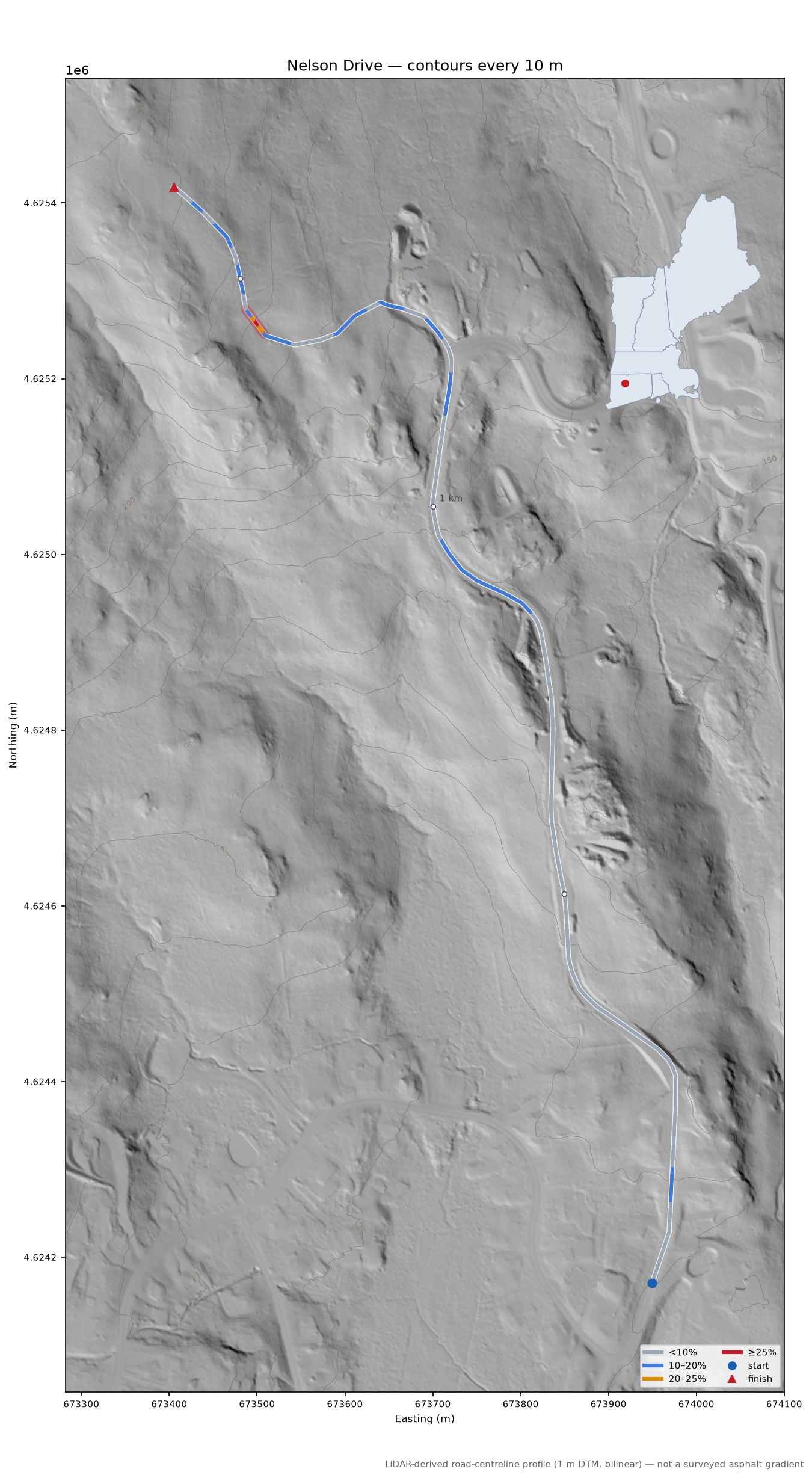 Nelson Drive LiDAR hillshade map with contours