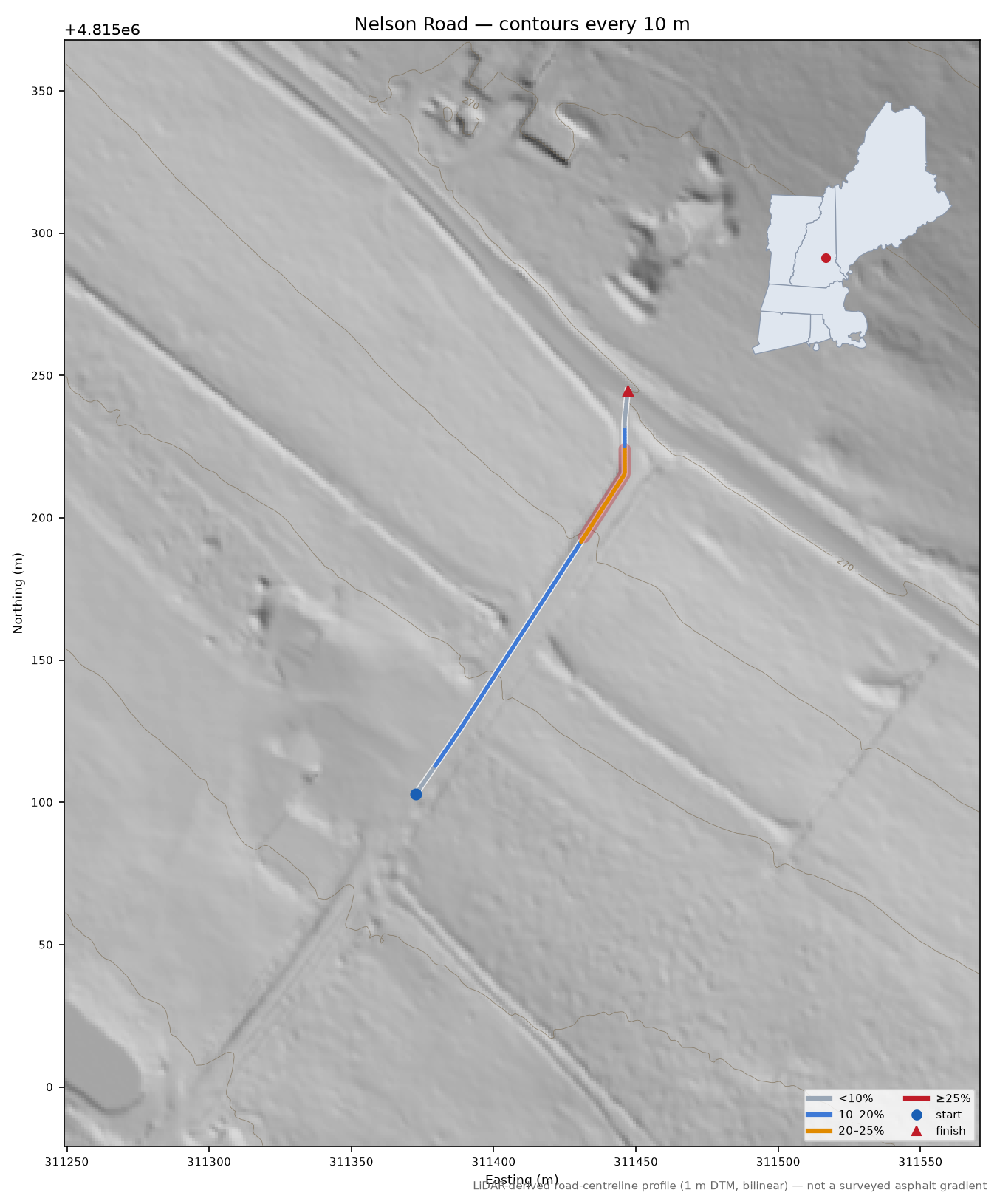 Nelson Road LiDAR hillshade map with contours