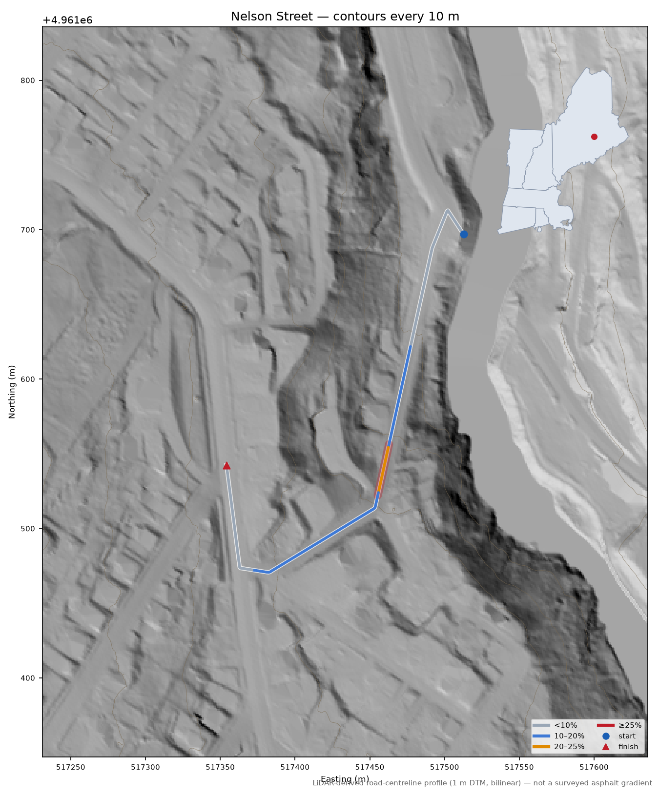 Nelson Street LiDAR hillshade map with contours