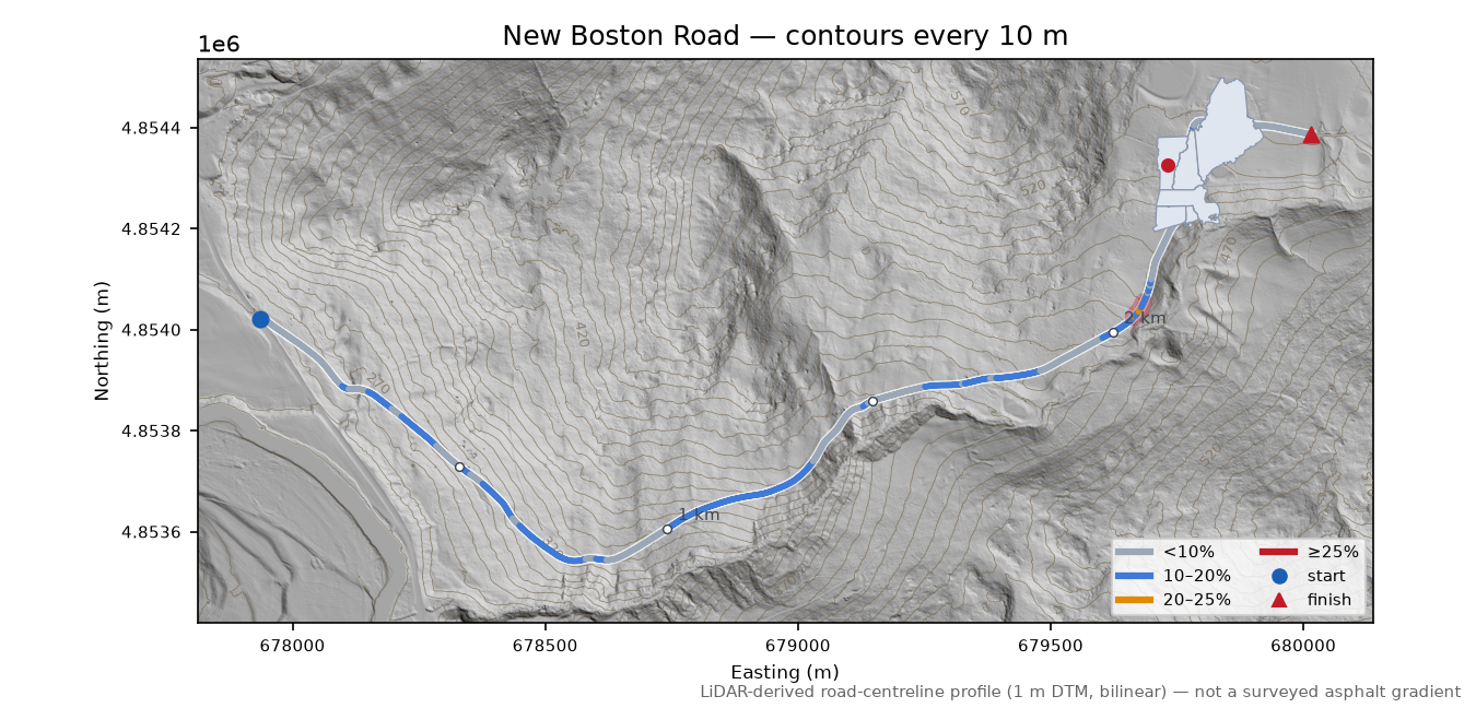 New Boston Road LiDAR hillshade map with contours