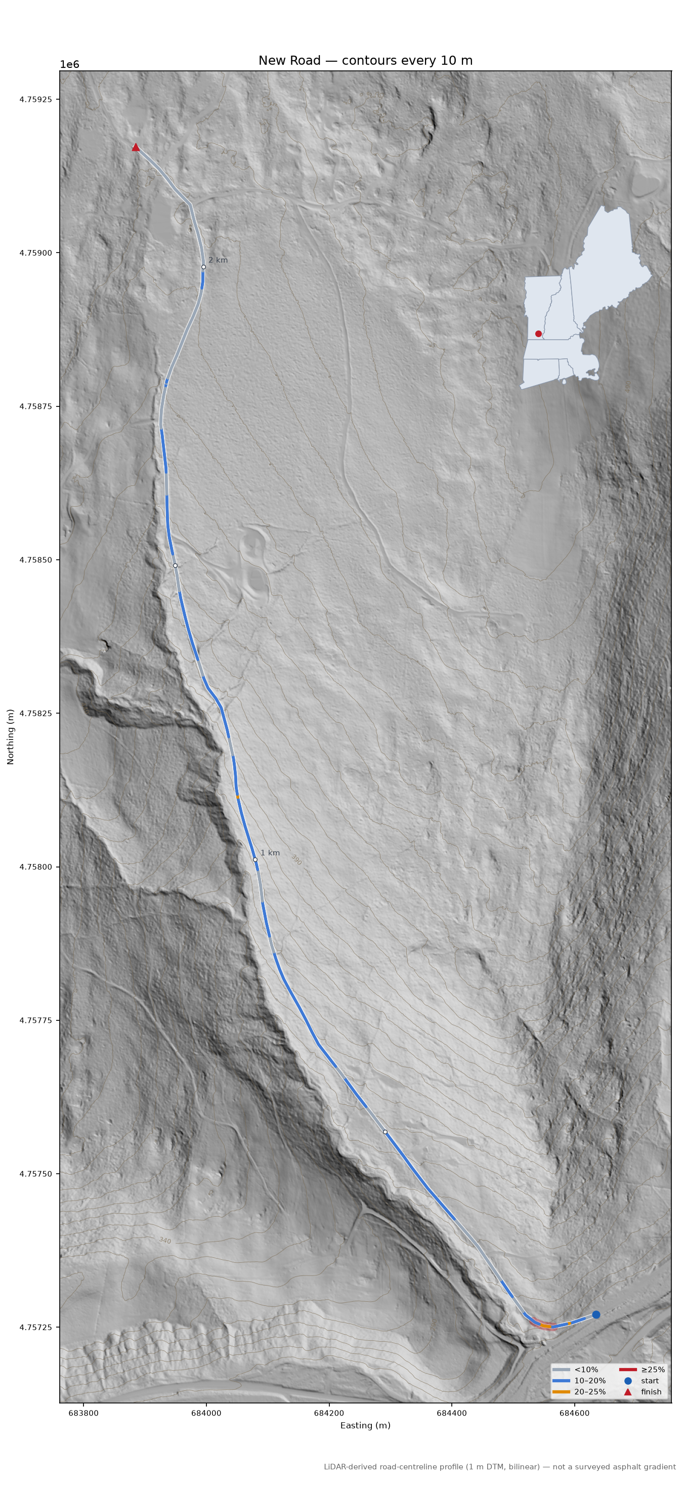 New Road LiDAR hillshade map with contours