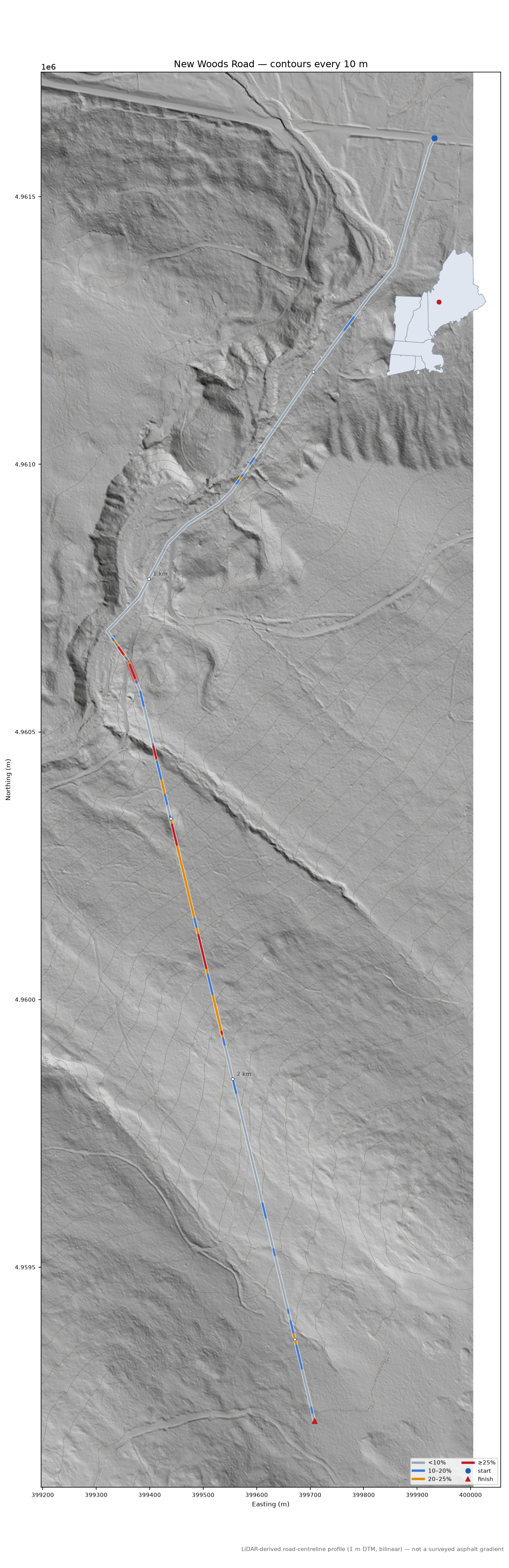 New Woods Road LiDAR hillshade map with contours