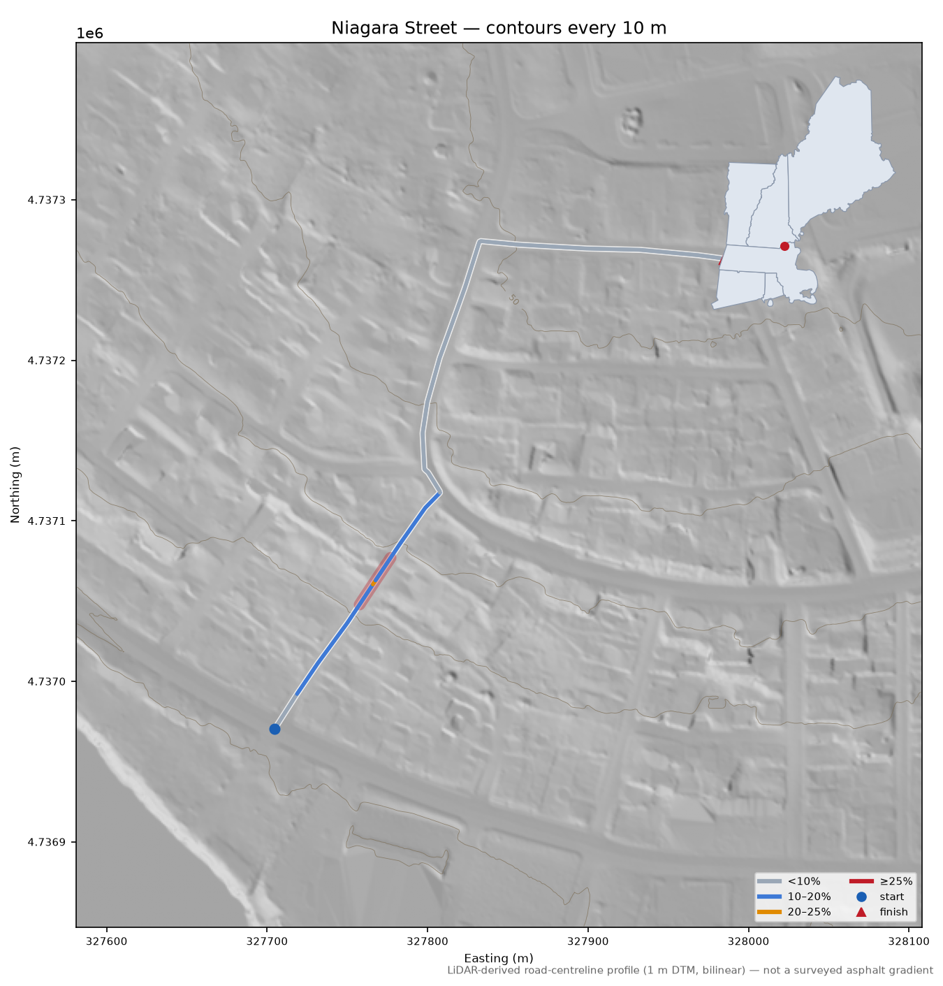 Niagara Street LiDAR hillshade map with contours