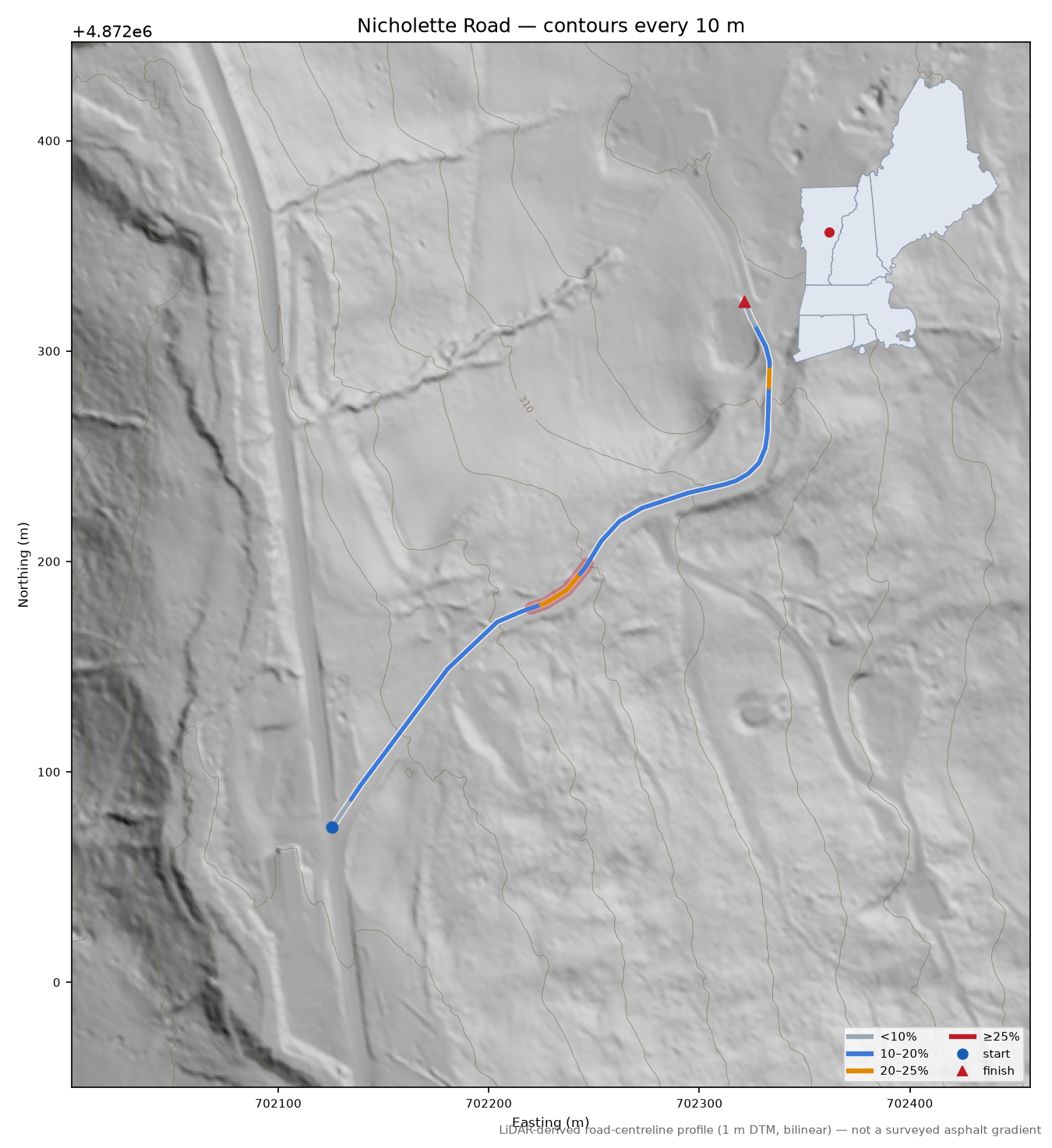 Nicholette Road LiDAR hillshade map with contours