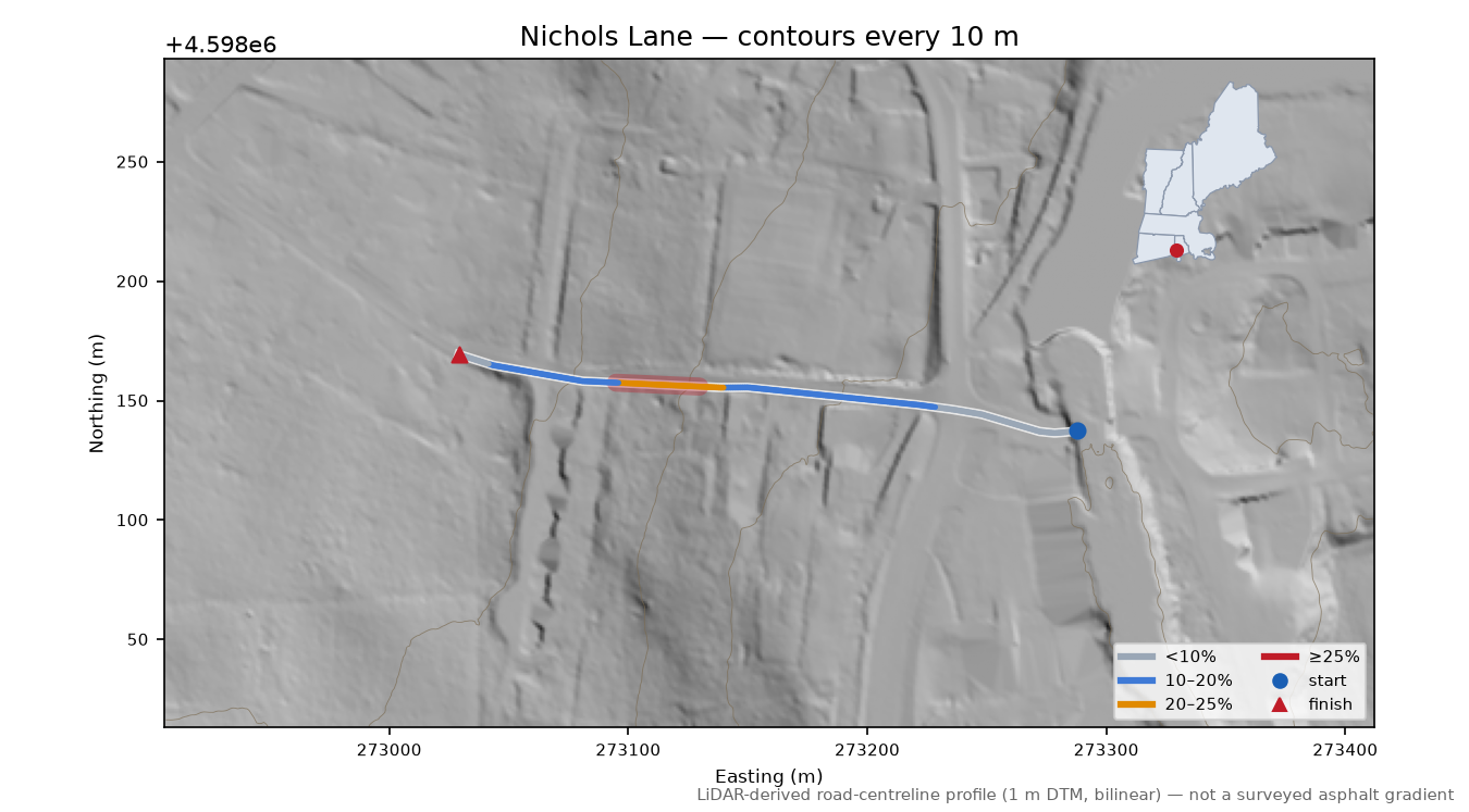 Nichols Lane LiDAR hillshade map with contours