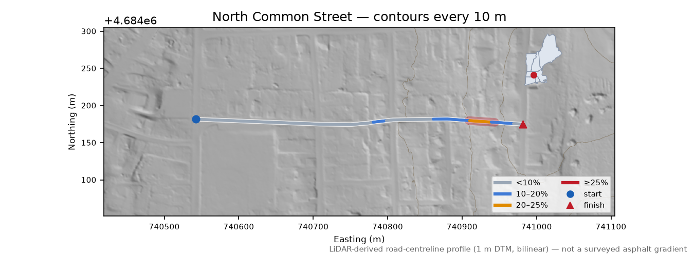 North Common Street LiDAR hillshade map with contours