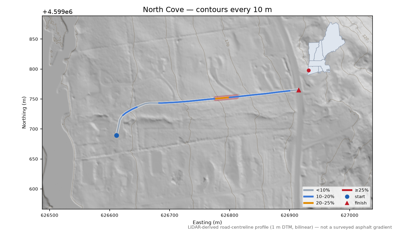 North Cove LiDAR hillshade map with contours