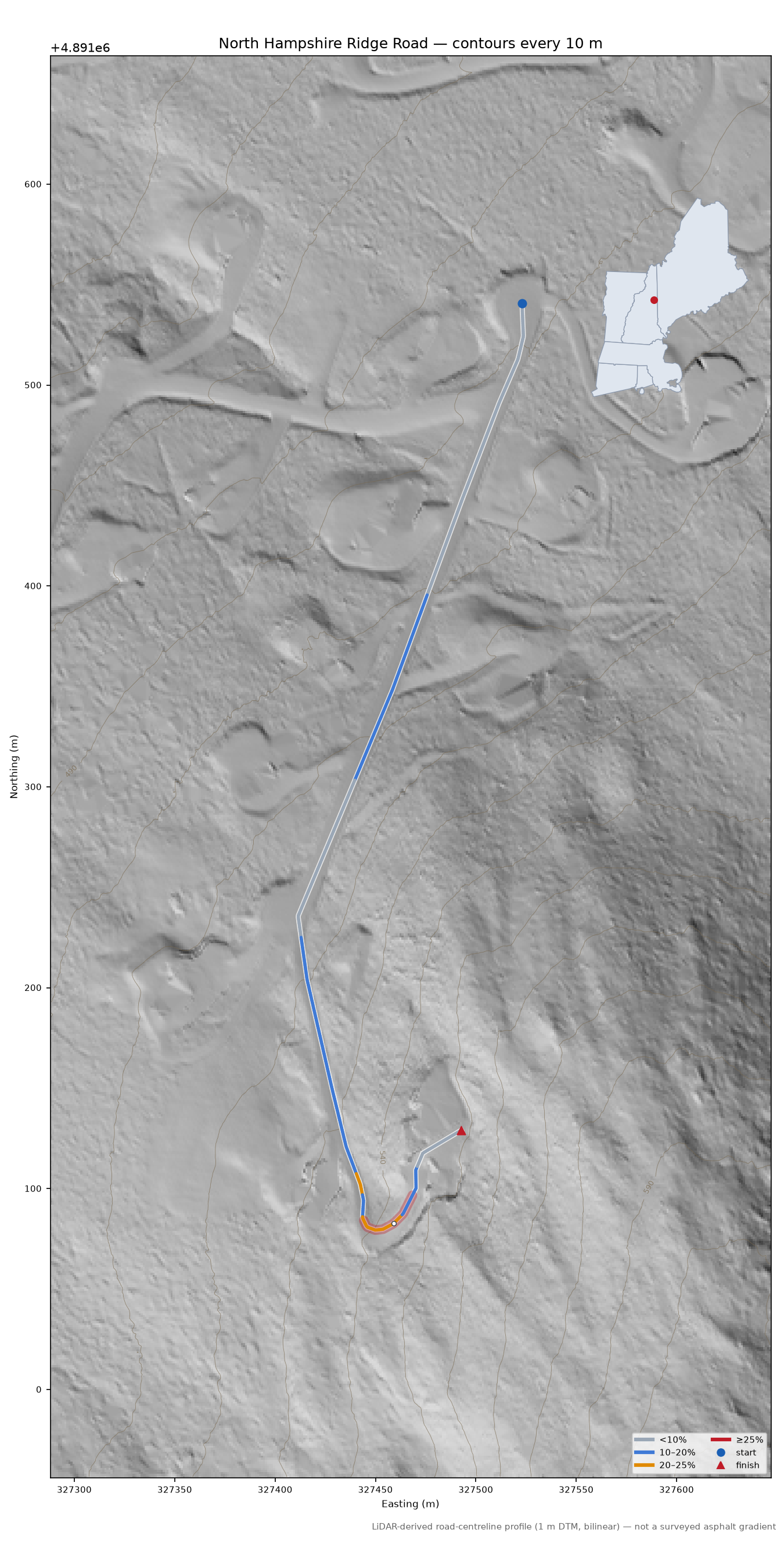 North Hampshire Ridge Road LiDAR hillshade map with contours