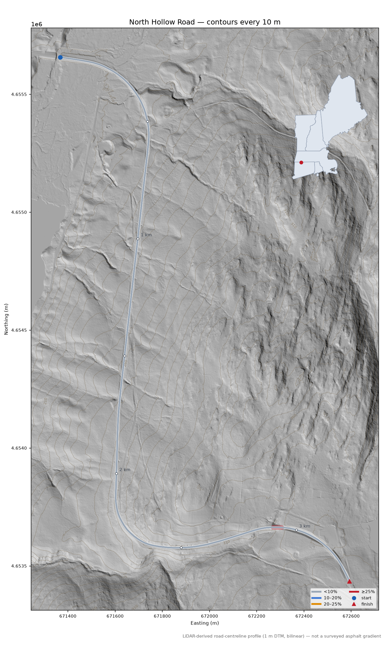 North Hollow Road LiDAR hillshade map with contours