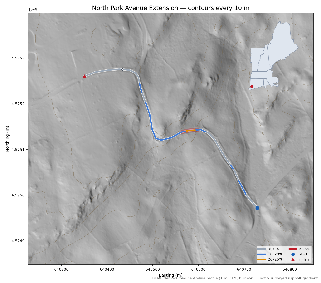 North Park Avenue Extension LiDAR hillshade map with contours