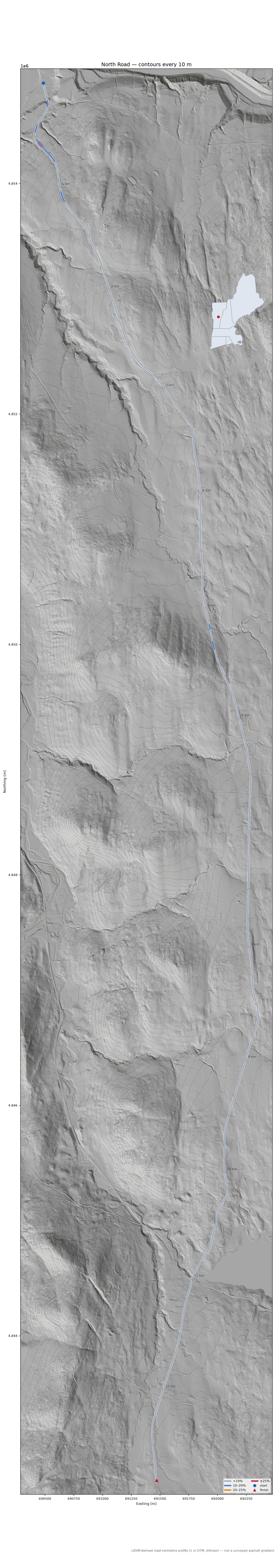 North Road LiDAR hillshade map with contours