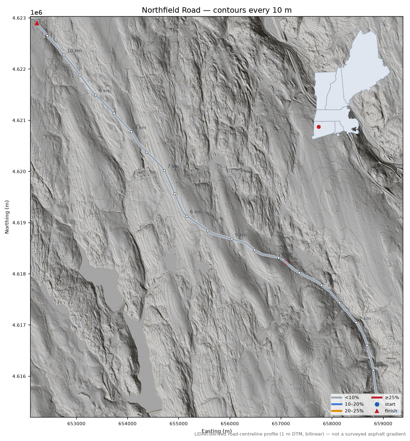 Northfield Road LiDAR hillshade map with contours