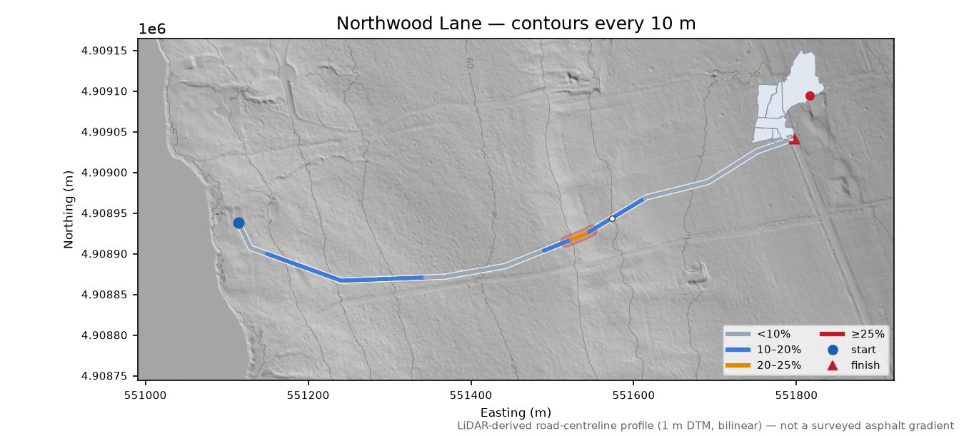 Northwood Lane LiDAR hillshade map with contours