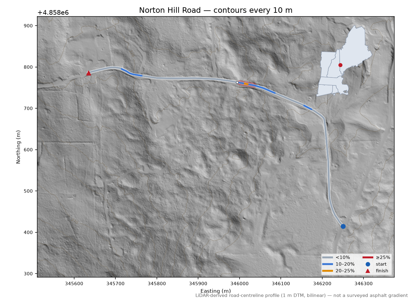Norton Hill Road LiDAR hillshade map with contours
