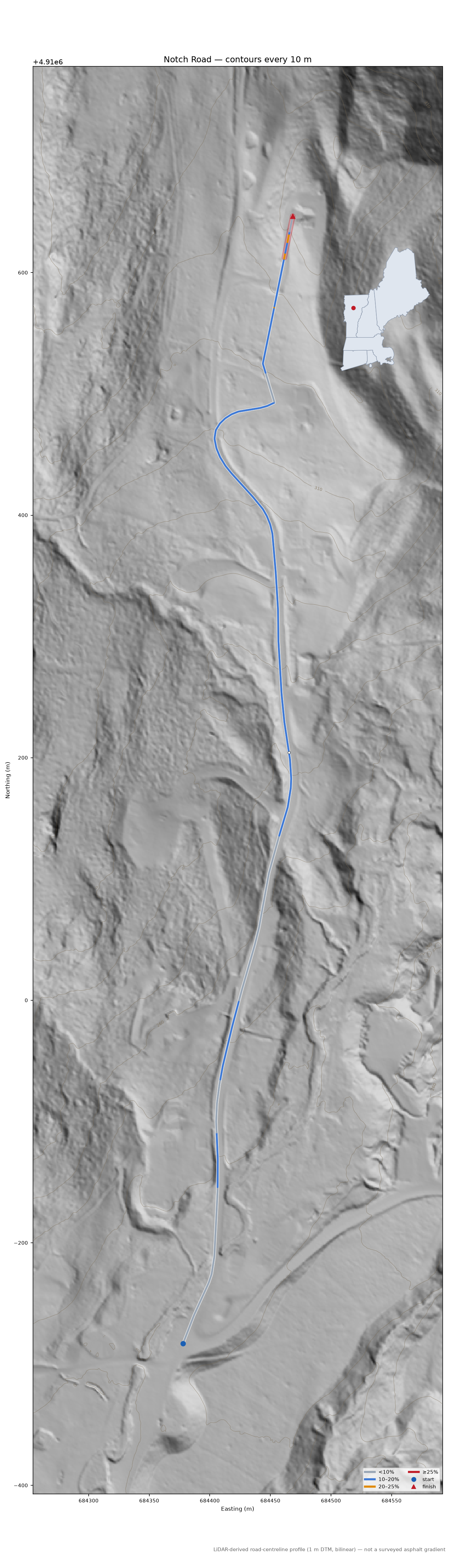 Notch Road LiDAR hillshade map with contours