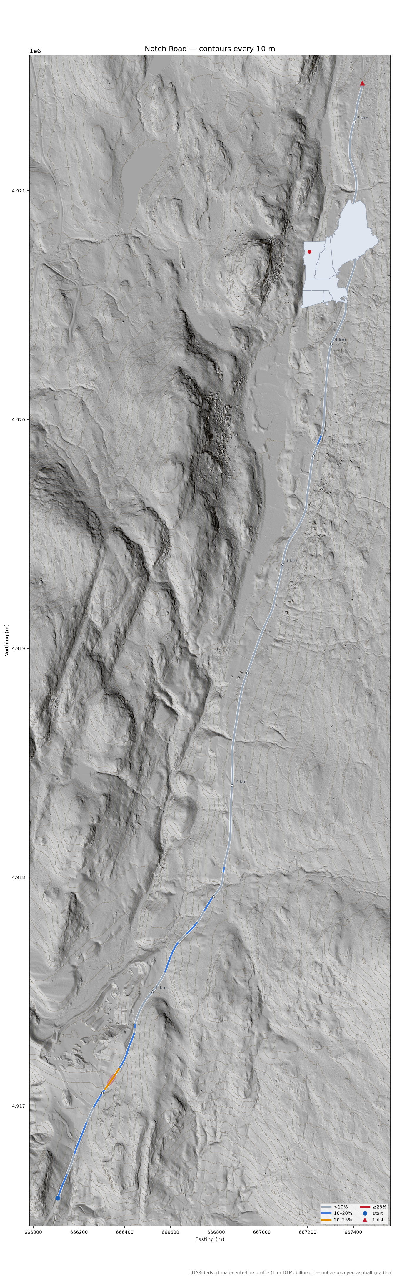 Notch Road LiDAR hillshade map with contours
