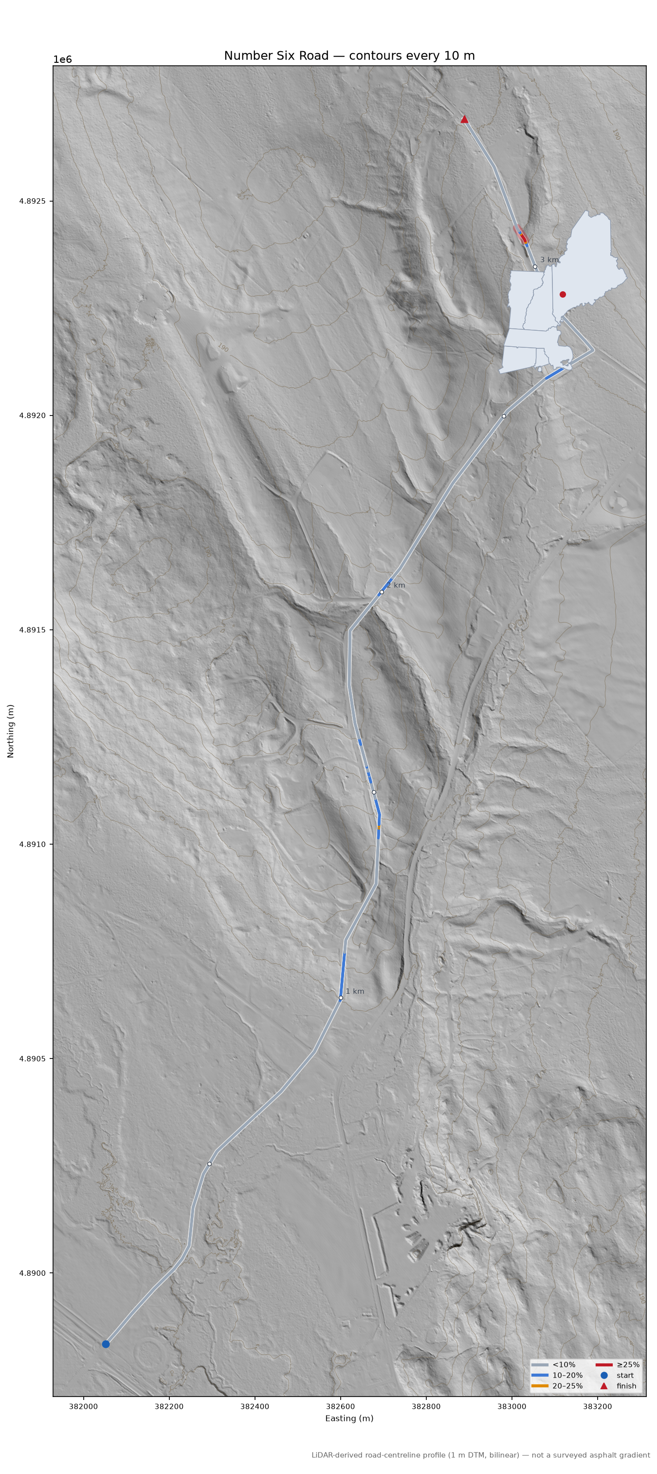 Number Six Road LiDAR hillshade map with contours