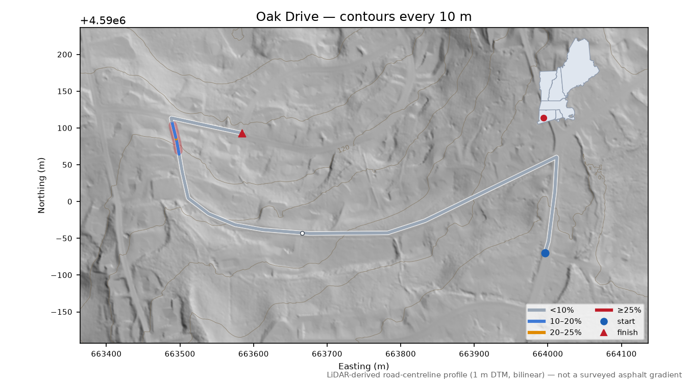 Oak Drive LiDAR hillshade map with contours