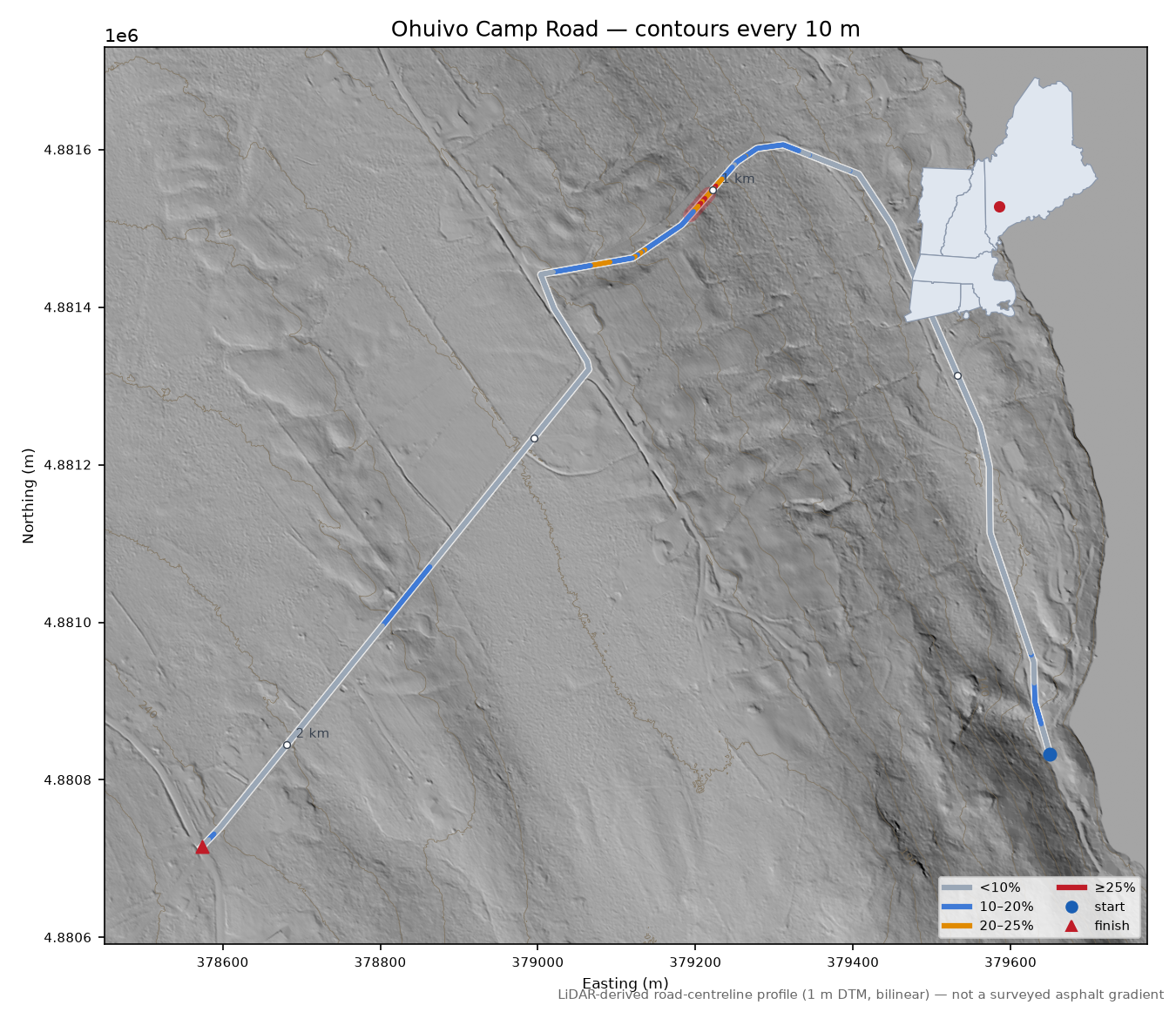 Ohuivo Camp Road LiDAR hillshade map with contours