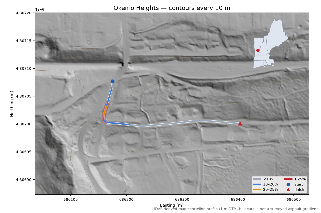 Okemo Heights LiDAR hillshade map with contours