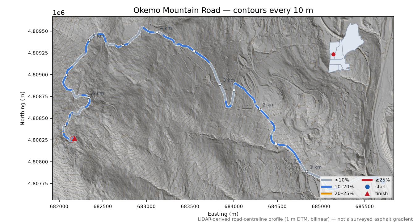 Okemo Mountain Road LiDAR hillshade map with contours