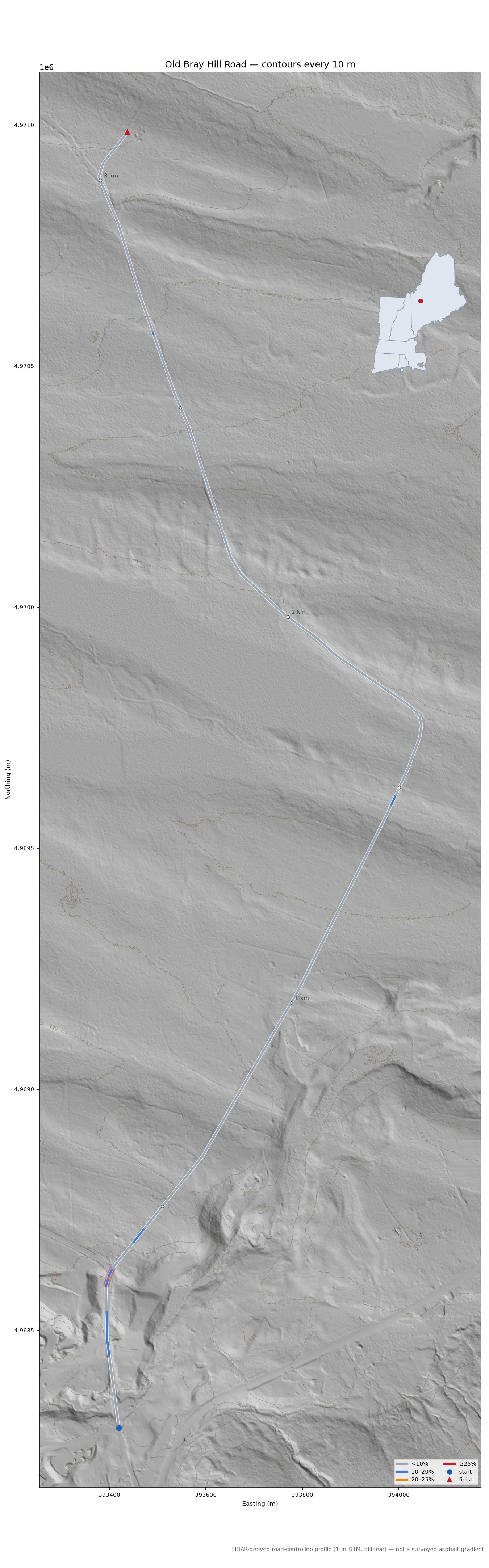 Old Bray Hill Road LiDAR hillshade map with contours