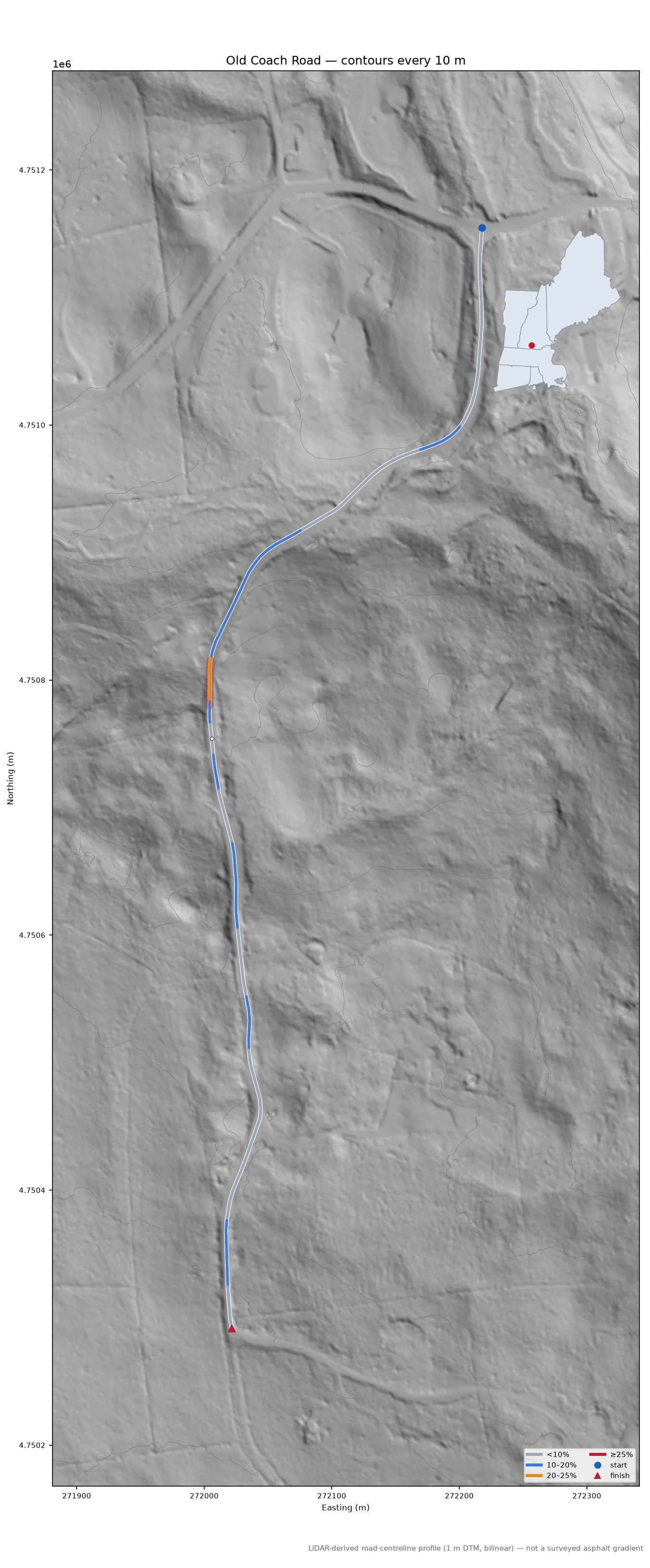 Old Coach Road LiDAR hillshade map with contours