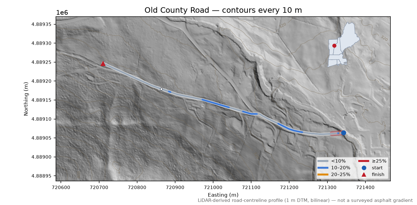 Old County Road LiDAR hillshade map with contours