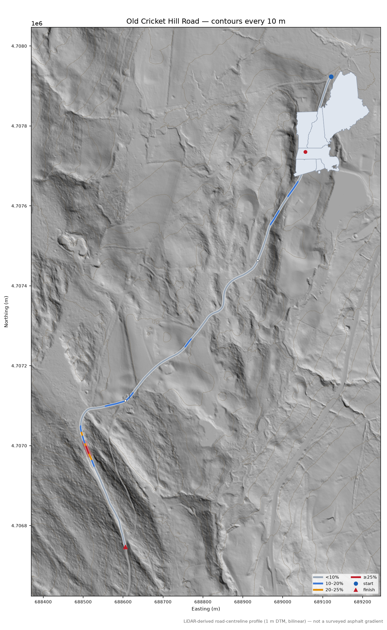 Old Cricket Hill Road LiDAR hillshade map with contours