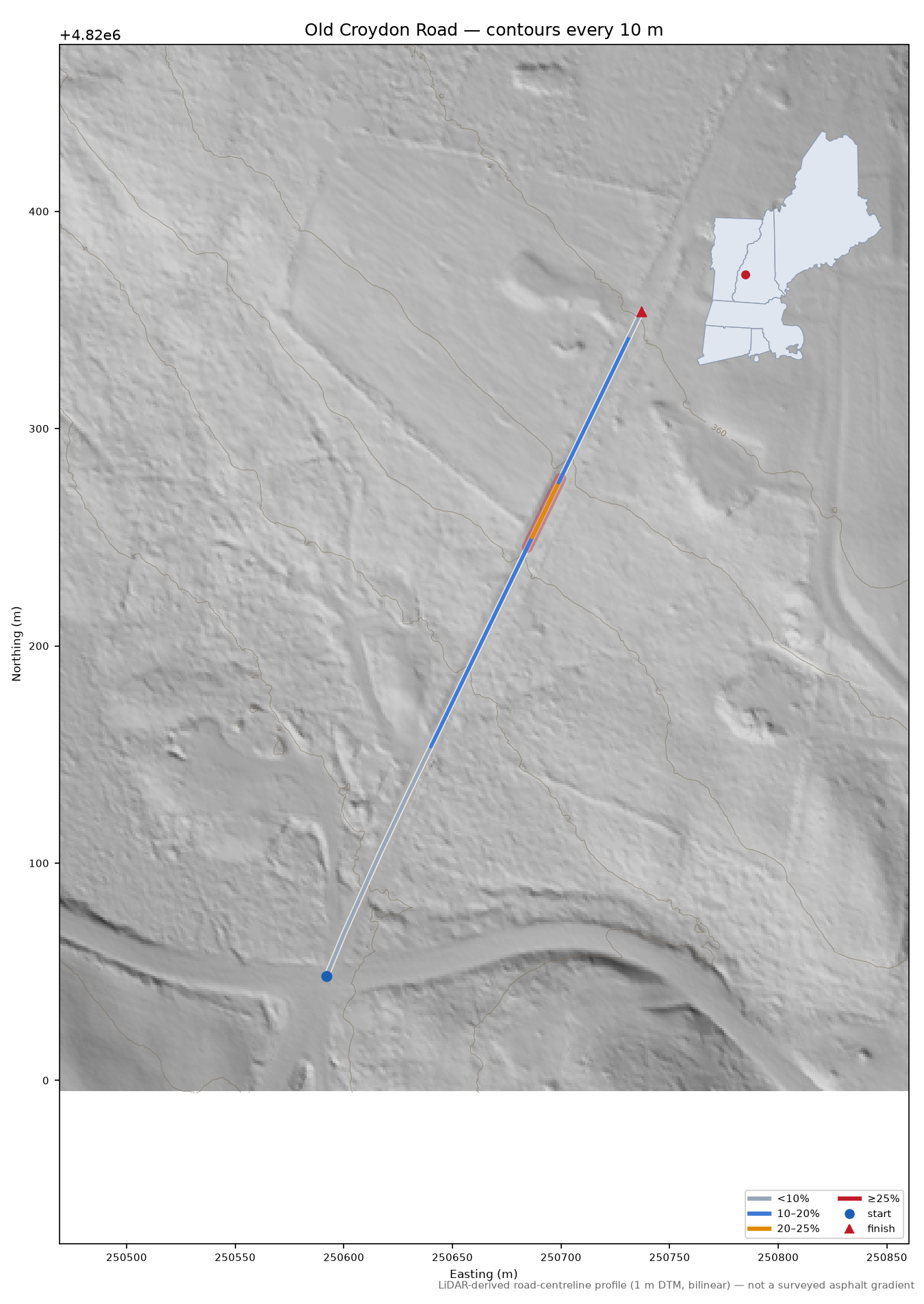 Old Croydon Road LiDAR hillshade map with contours