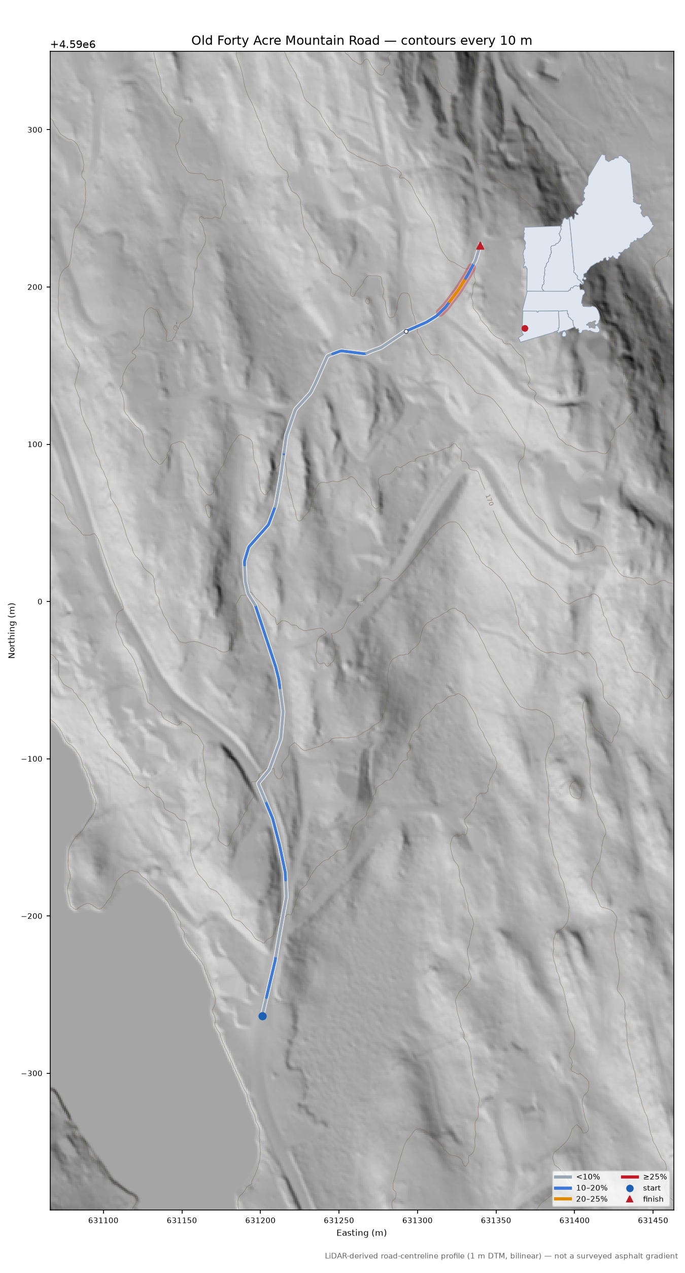 Old Forty Acre Mountain Road LiDAR hillshade map with contours