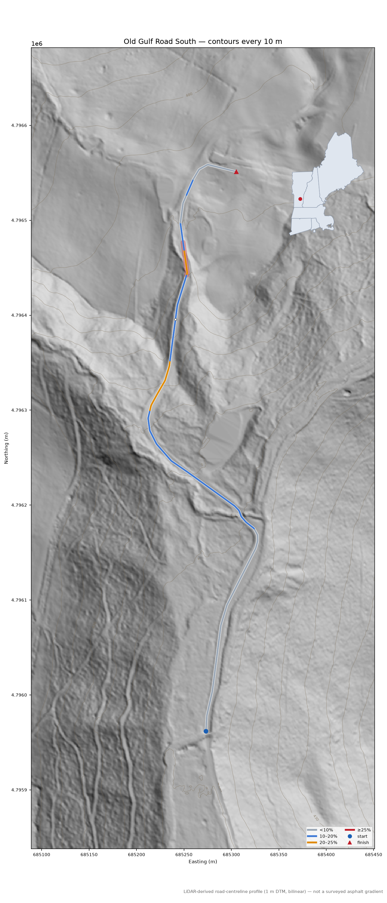 Old Gulf Road South LiDAR hillshade map with contours