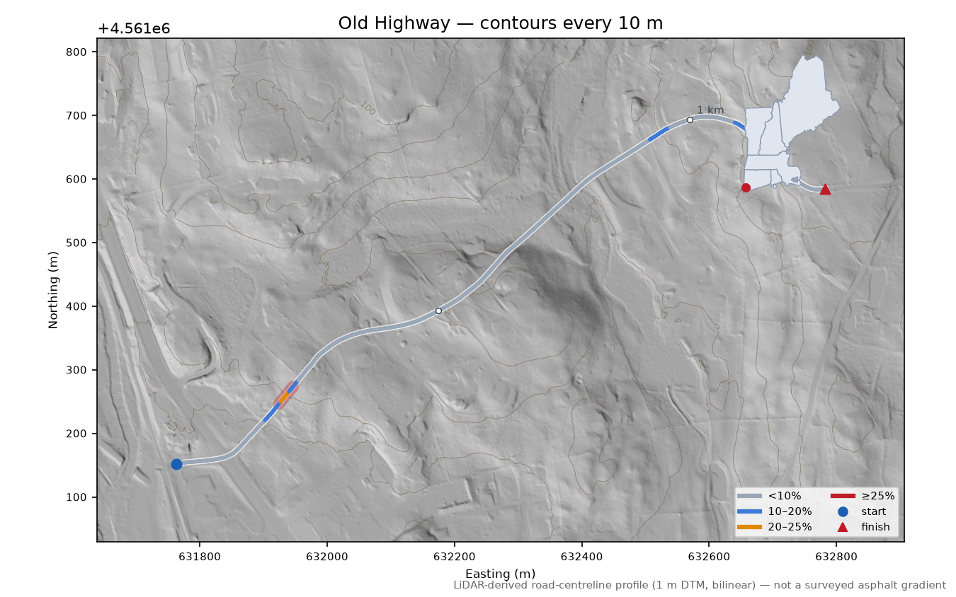 Old Highway LiDAR hillshade map with contours