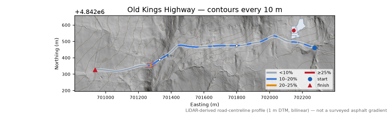 Old Kings Highway LiDAR hillshade map with contours