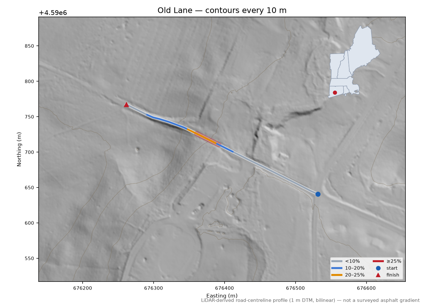 Old Lane LiDAR hillshade map with contours