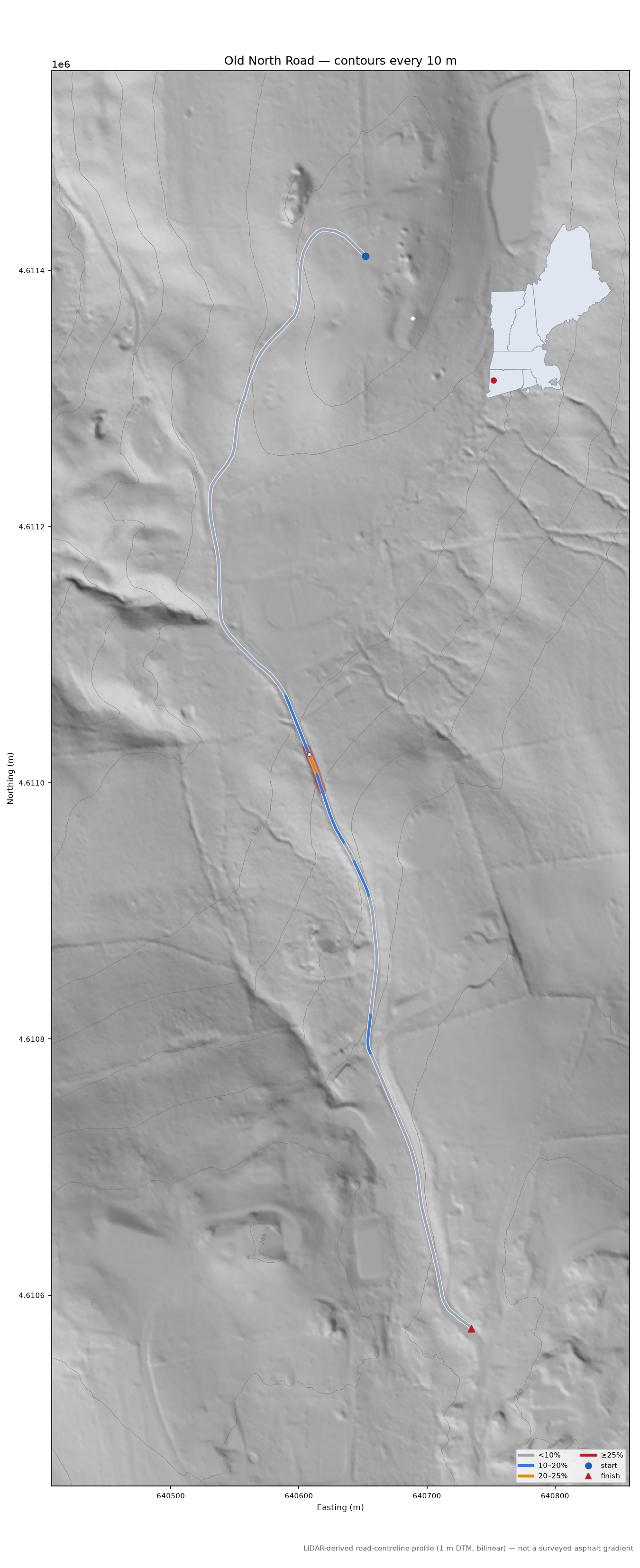 Old North Road LiDAR hillshade map with contours