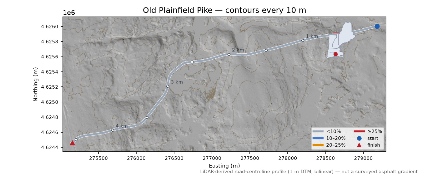 Old Plainfield Pike LiDAR hillshade map with contours