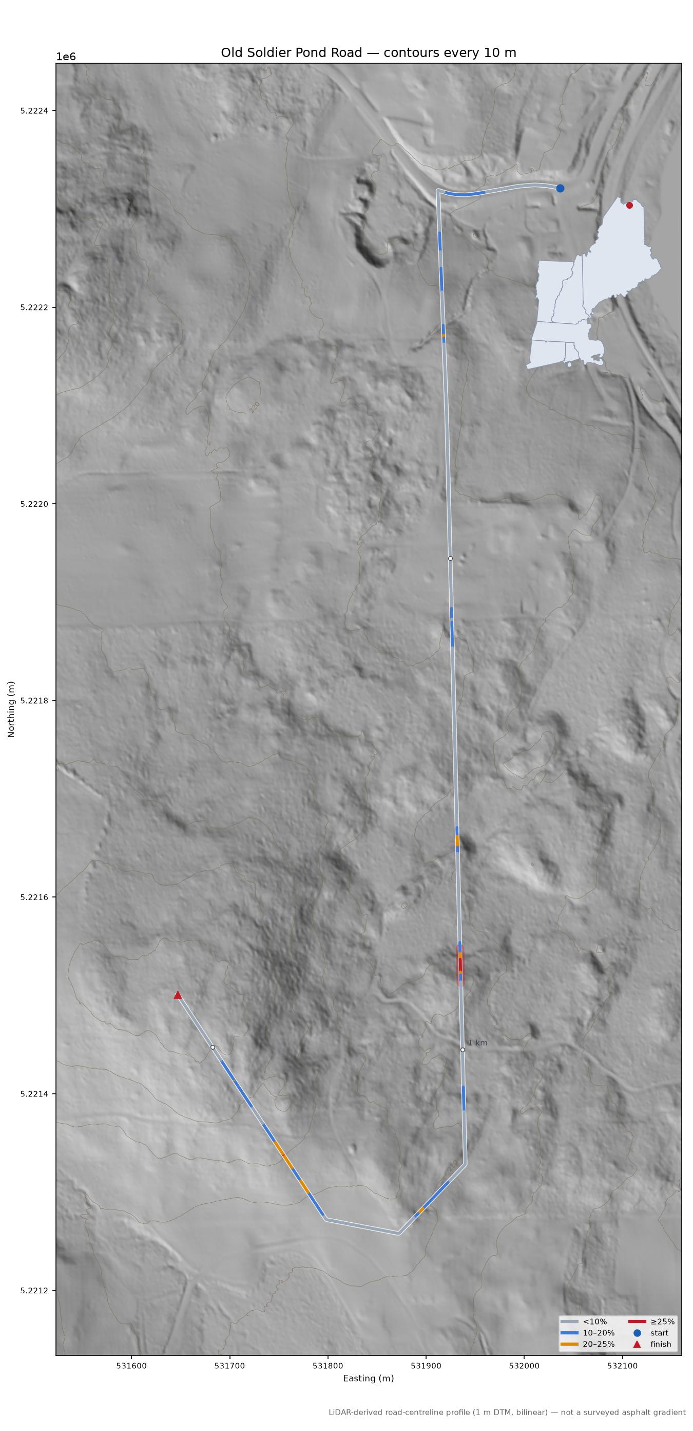 Old Soldier Pond Road LiDAR hillshade map with contours