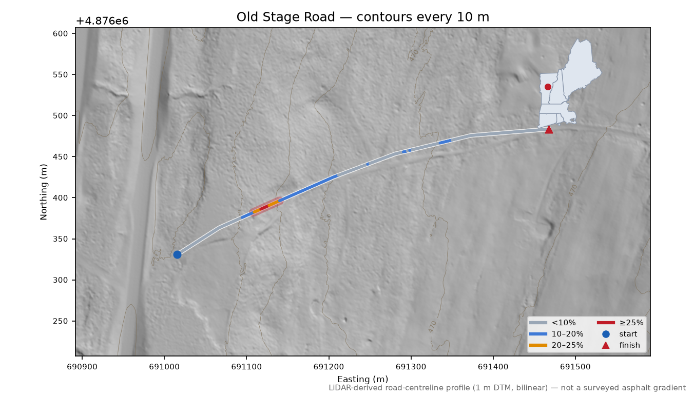 Old Stage Road LiDAR hillshade map with contours