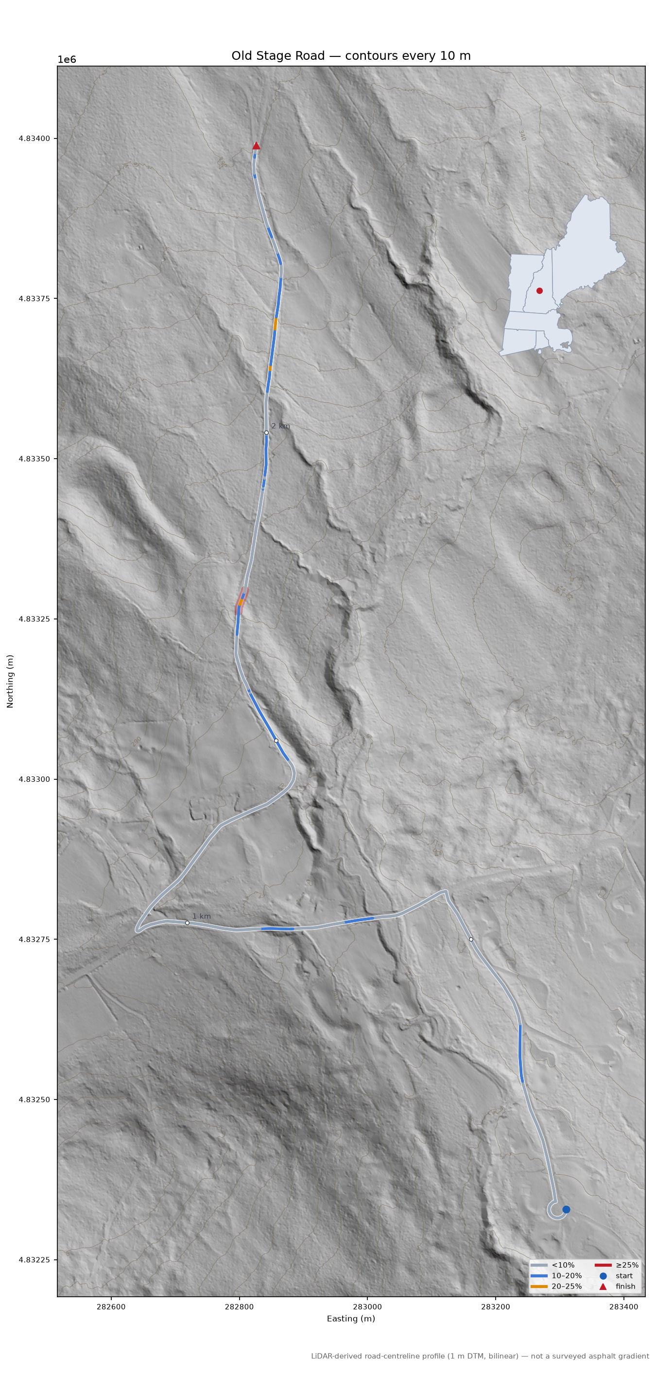 Old Stage Road LiDAR hillshade map with contours