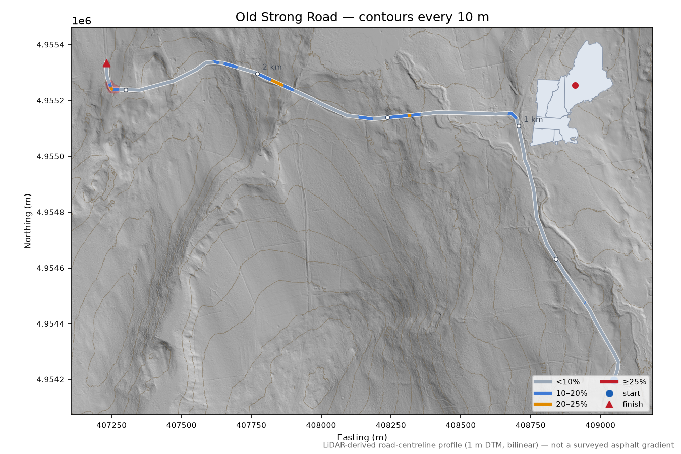 Old Strong Road LiDAR hillshade map with contours